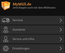 Screenshot der Menüstruktur von der MyMüll-App